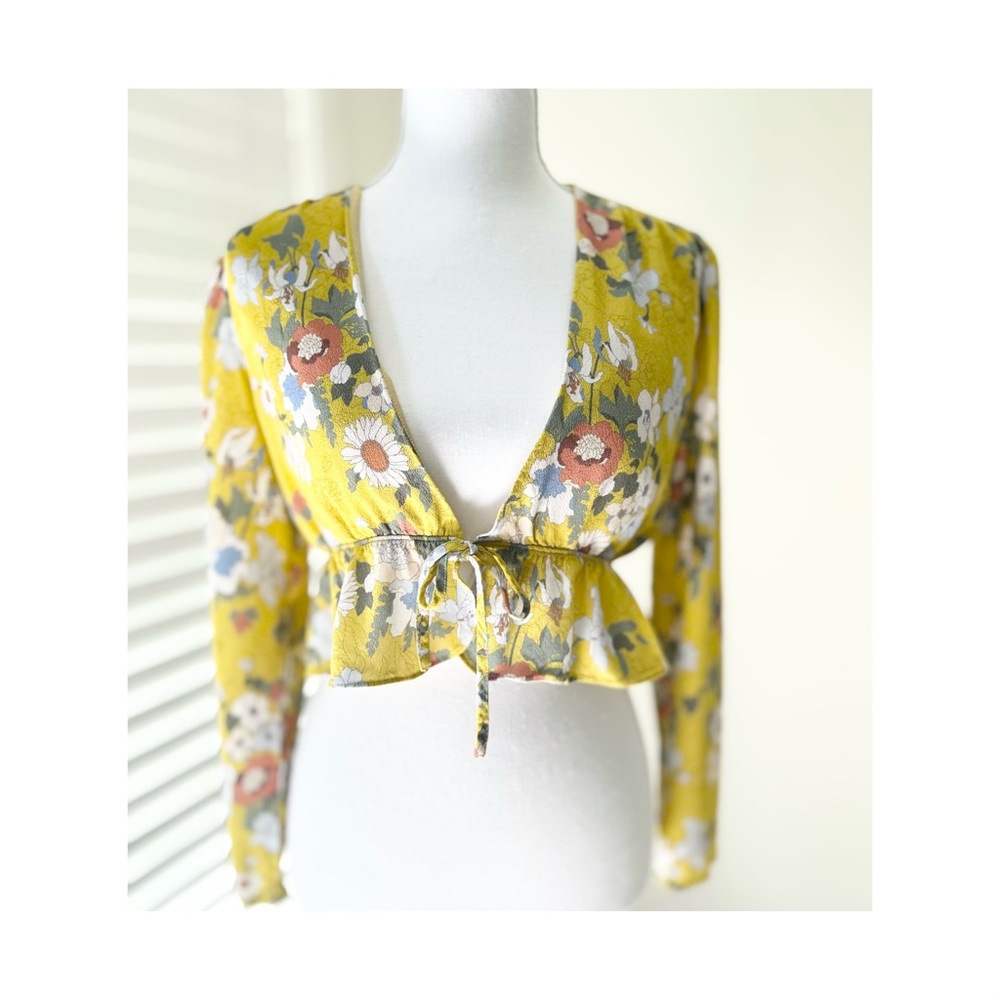 Aritzia Yellow Floral Tie-Front Blouse